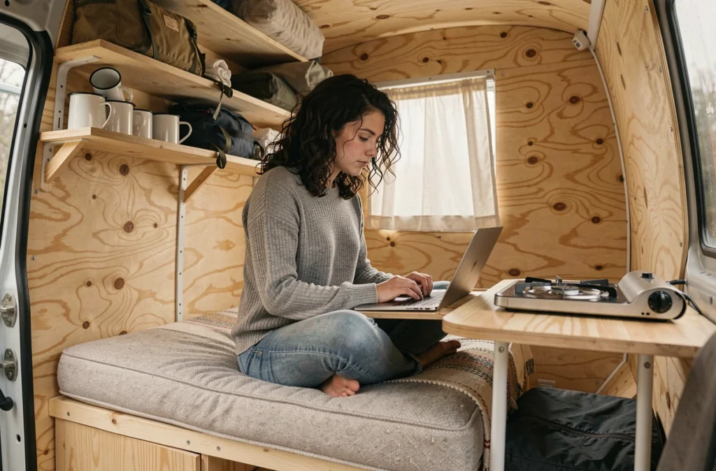 Intérieur aménagé d'un fourgon d'occasion avec coin couchage en bois et kitchenette compacte