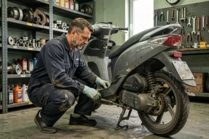 Mécanicien inspectant un scooter d'occasion dans un atelier de réparation indépendant