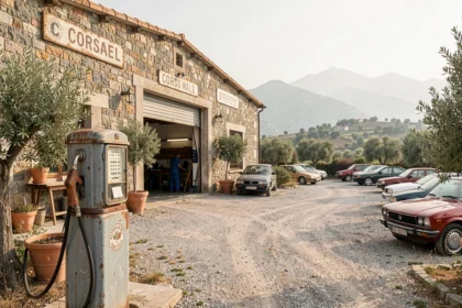 Vue panoramique d'un garage automobile typique de Corse avec façade en pierre, pompe à essence vintage et voitures garées sur gravier, montagnes en arrière-plan
