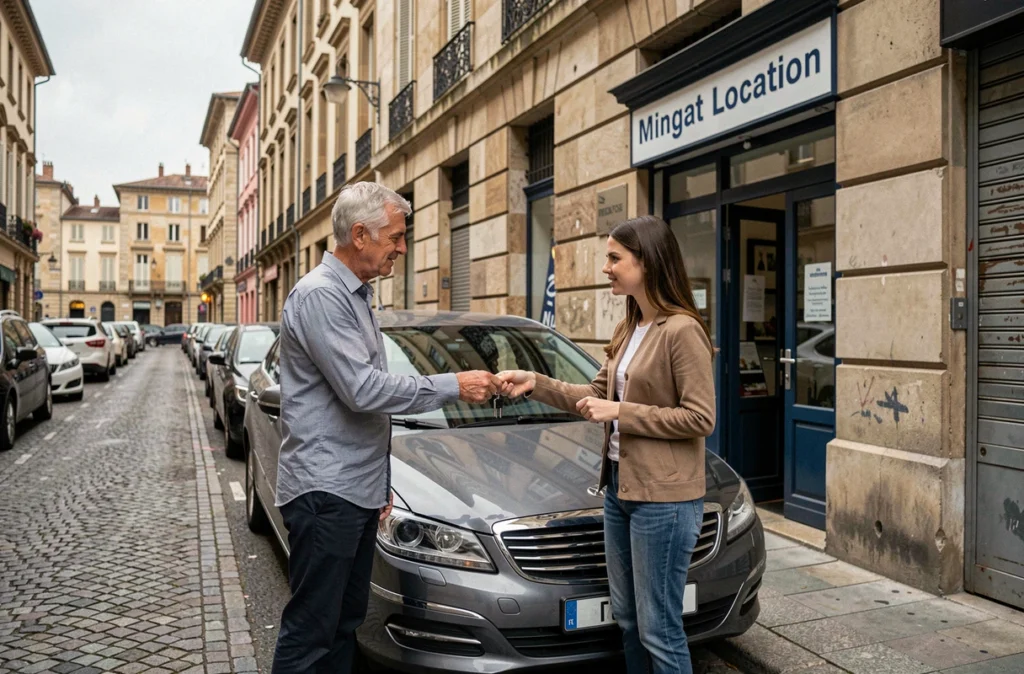 Agent de Mingat Location à Lyon Vaise remettant les clés d'un break de location à une jeune femme devant la façade de l'agence.