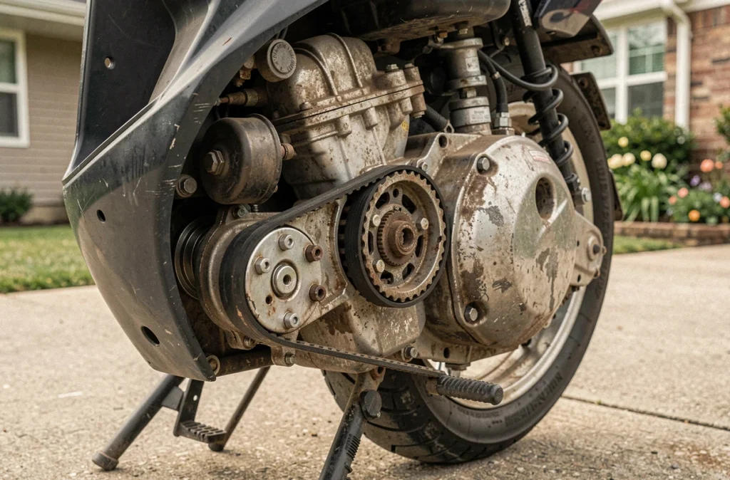 Compartiment moteur d'un scooter d'occasion ouvert montrant l'usure mécanique et l'état d'entretien