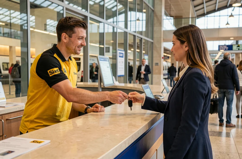 Agent de l'agence Sixt en polo jaune et noir remettant des clés de voiture à une cliente au comptoir de location à la gare de Lyon Part-Dieu.