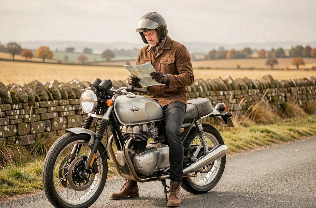Motard équipé d'une veste en toile cirée et d'un casque vintage assis sur une moto café racer néo-rétro lors d'une pause sur une route de campagne en automne