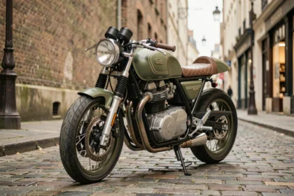 Moto café racer néo-rétro verte mate garée dans une ruelle pavée européenne, vue en angle 3/4 avant mettant en valeur le design vintage et les détails chromés